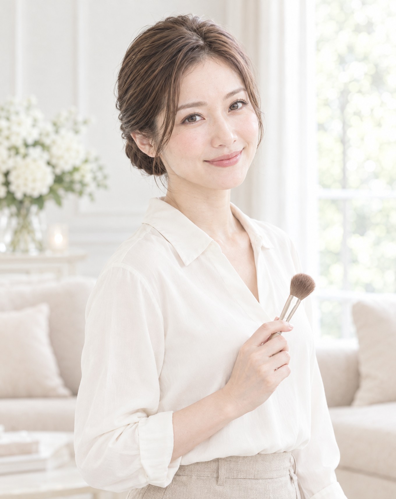 メイクブラシを手にほほえむ、ヘアメイク担当の女性のイメージ