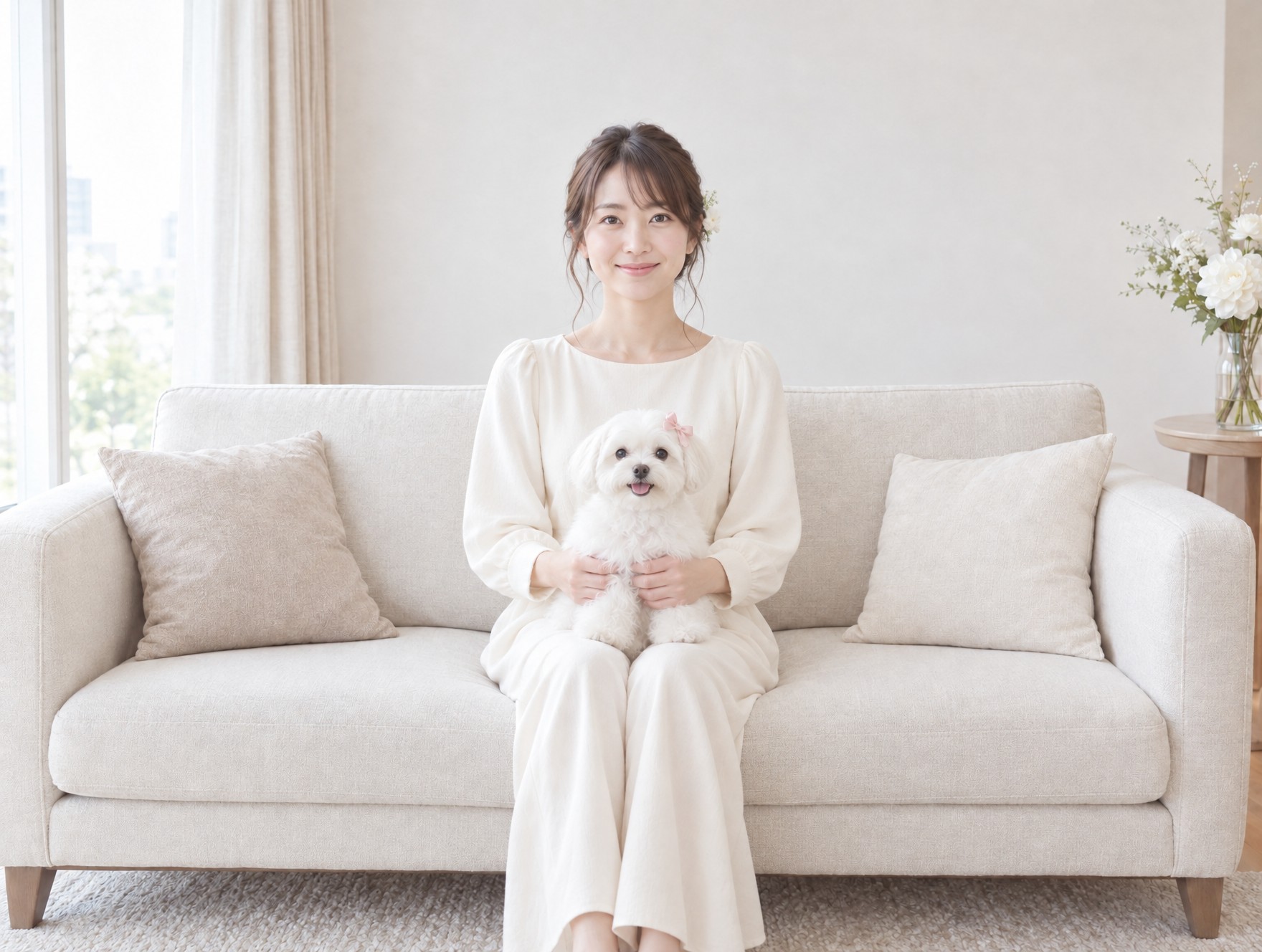 ヘアメイク後：髪をまとめてワンピースを着た同じ女性と、リボンをつけた同じ犬
