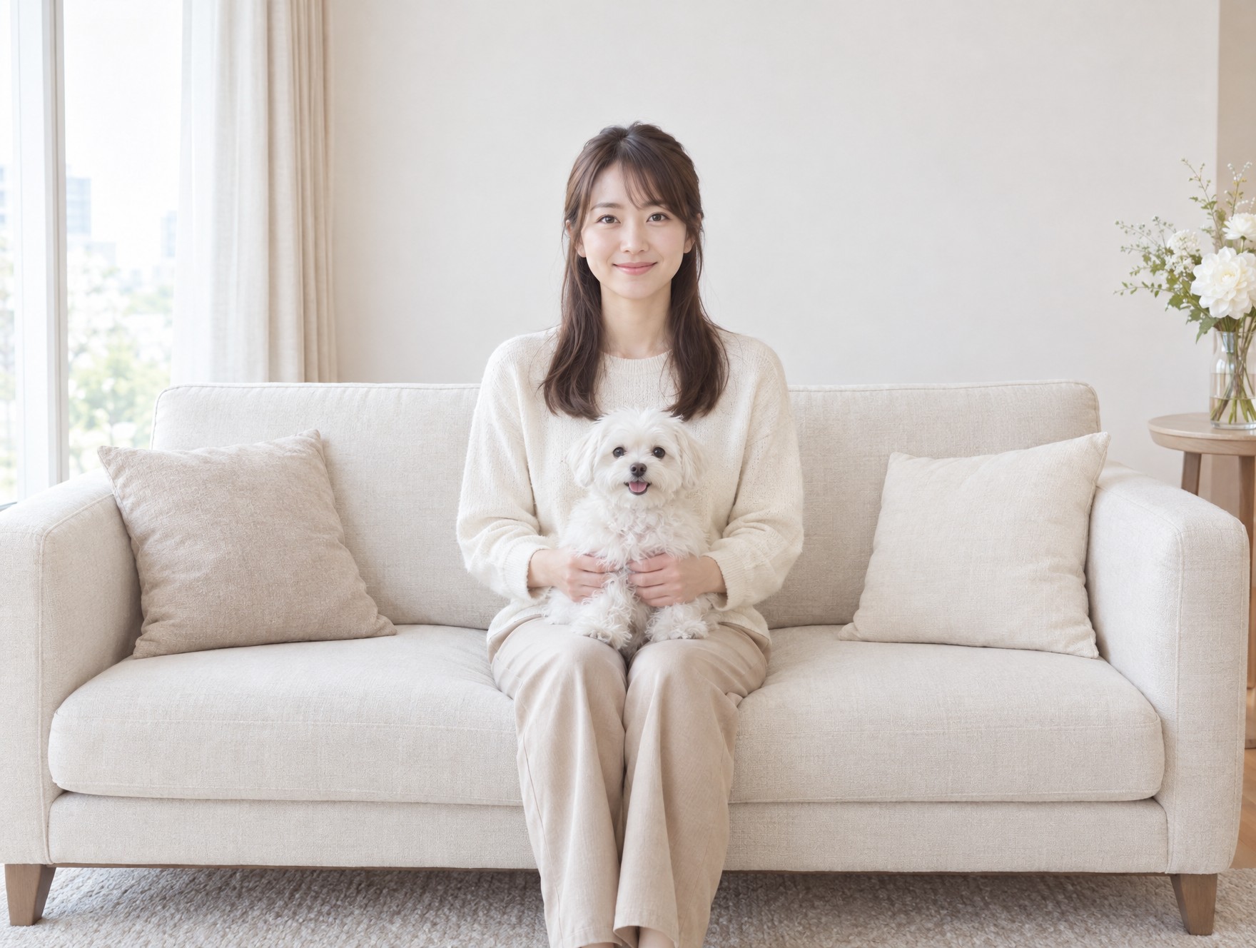 ヘアメイク前：普段着でソファに座る女性と、ひざの上の白い小型犬