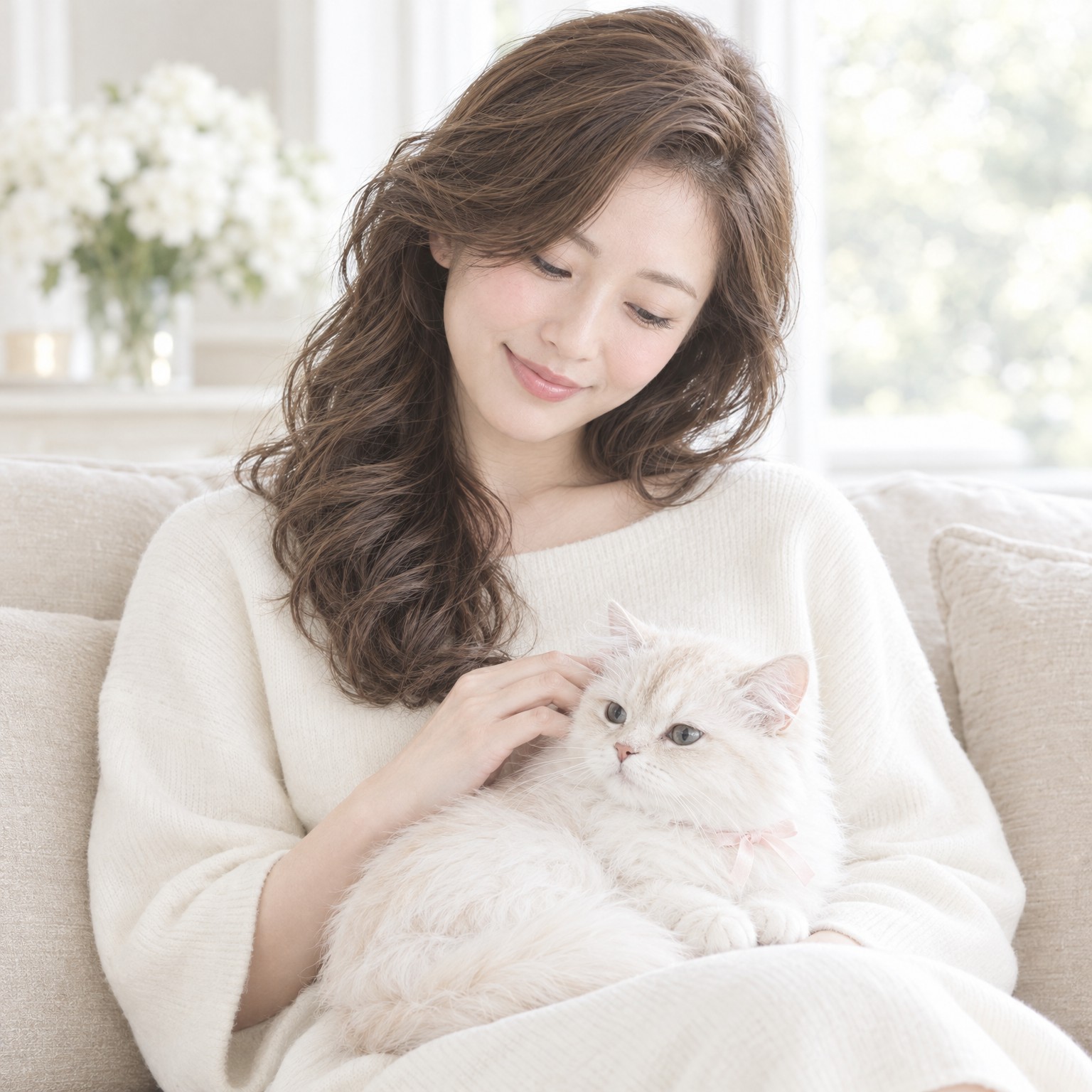 ソファでくつろぐ、猫と飼い主さま