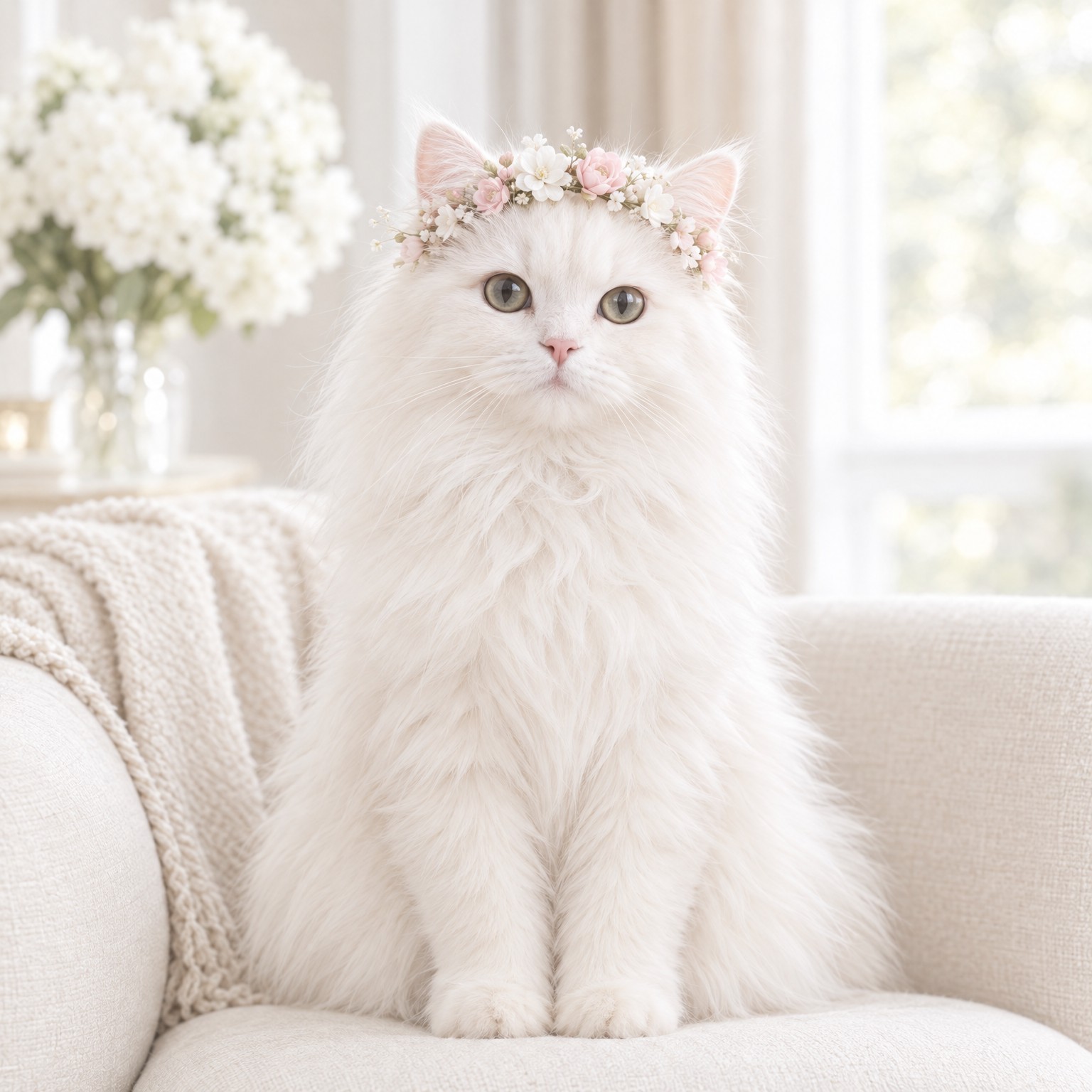 花冠をのせた、長毛の猫